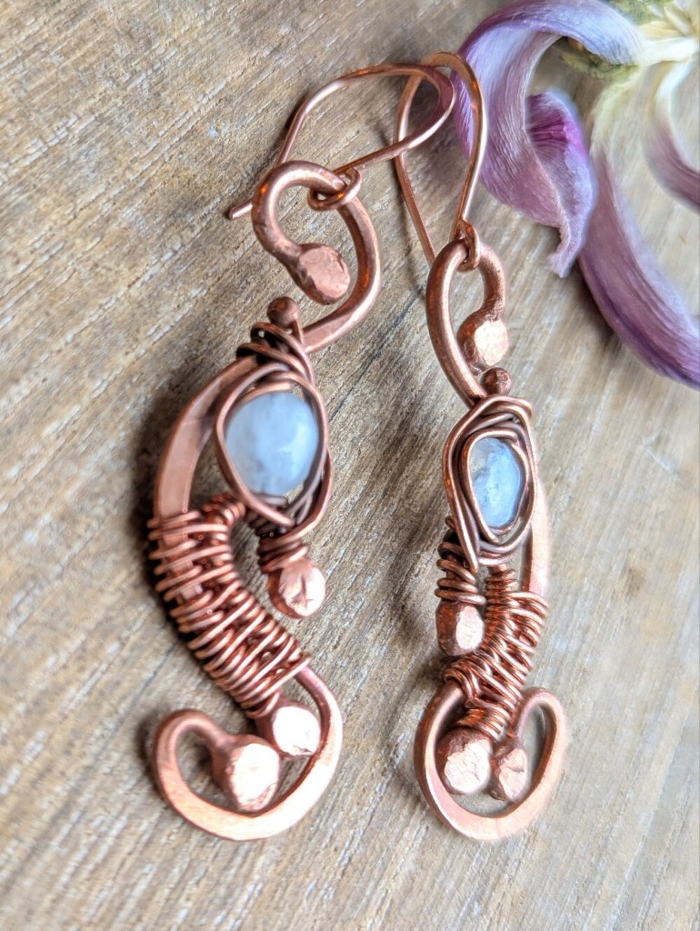 Artisan Copper Earrings with Moonstones